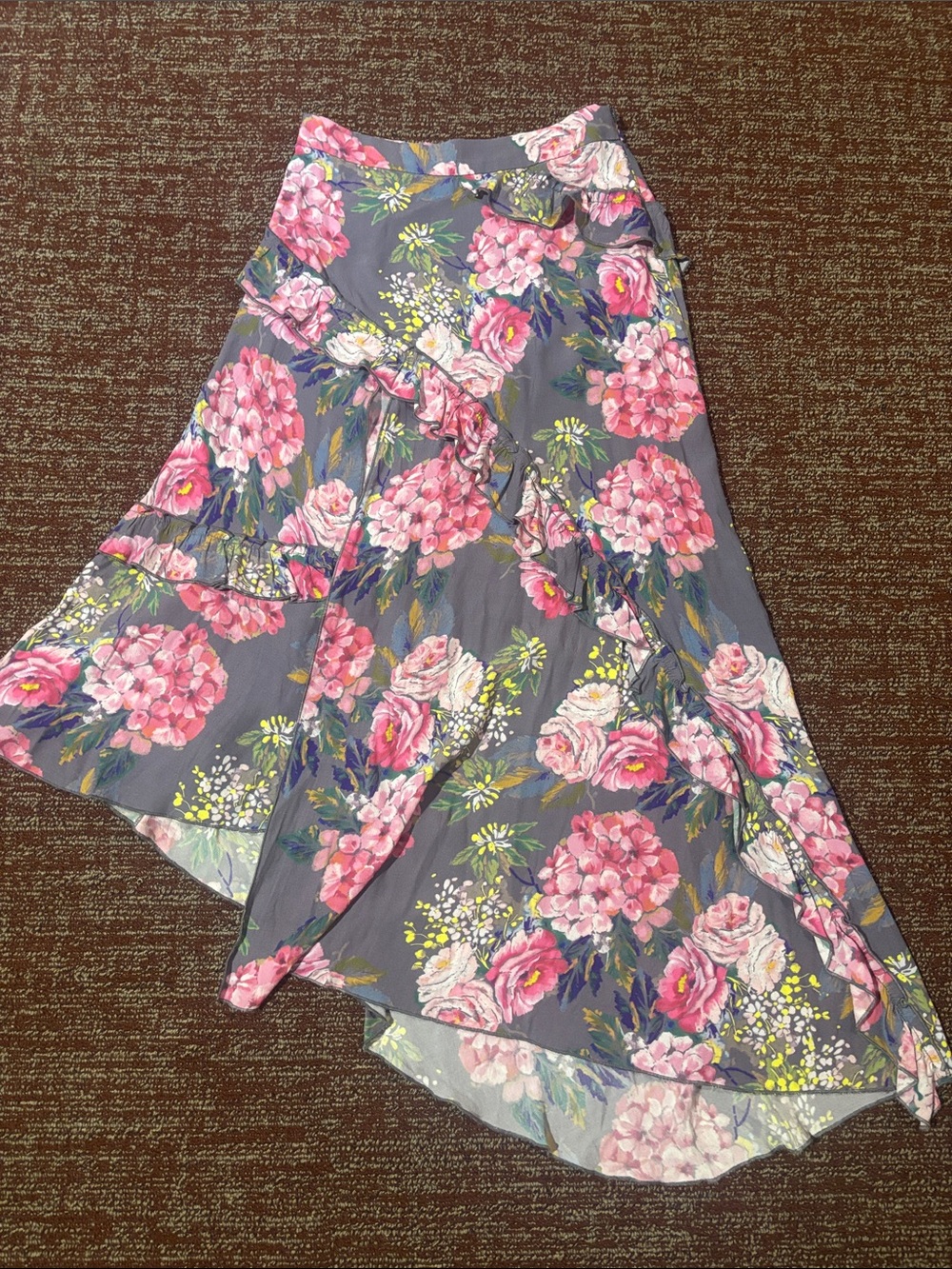 Majorelle skirt floral asymmetrical high slit ruffle flowy tiered feminine Xs